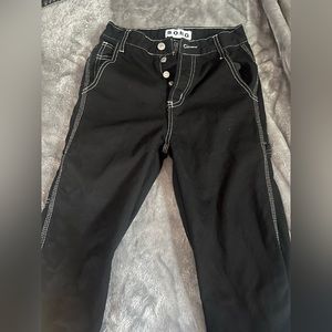 SONG black denim wide leg jeans with white lining